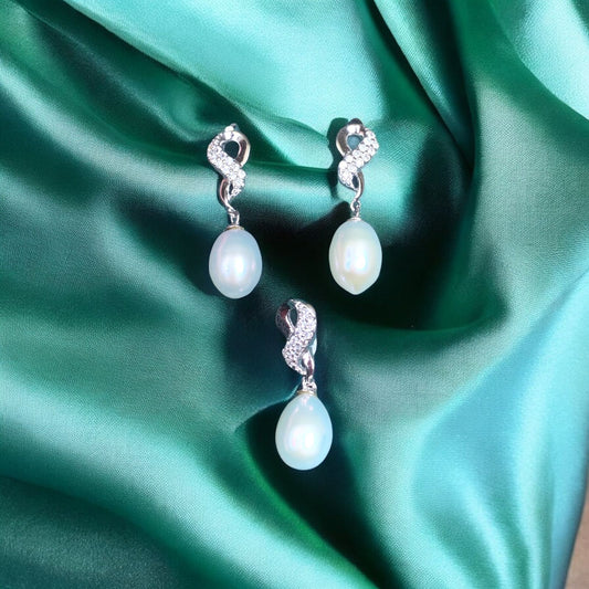 Infinity Pearl Drop Pendant Set – Silver