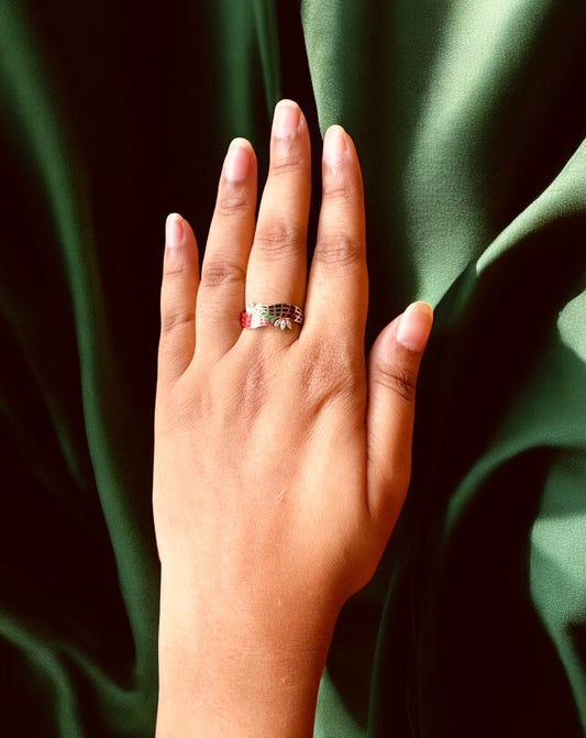 92.5 Sterling Silver Ring with Red, Green &amp; Black Enamel and Zirconia