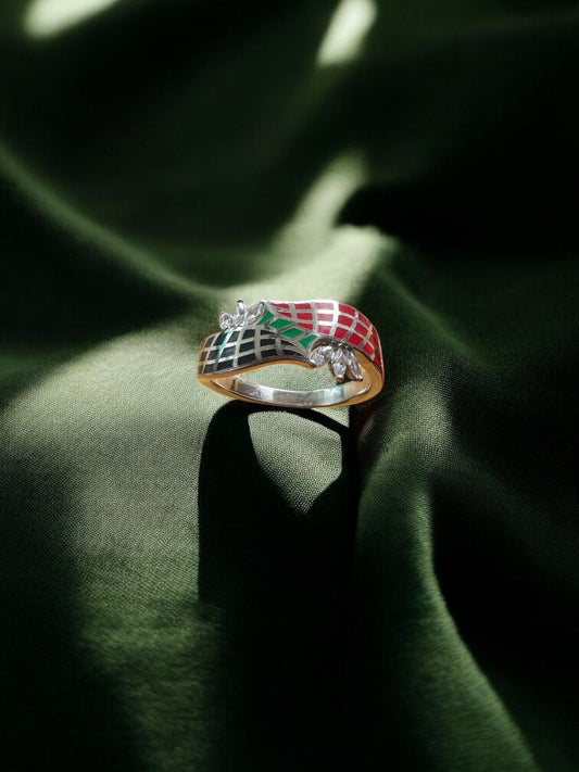 92.5 Sterling Silver Ring with Red, Green &amp; Black Enamel and Zirconia